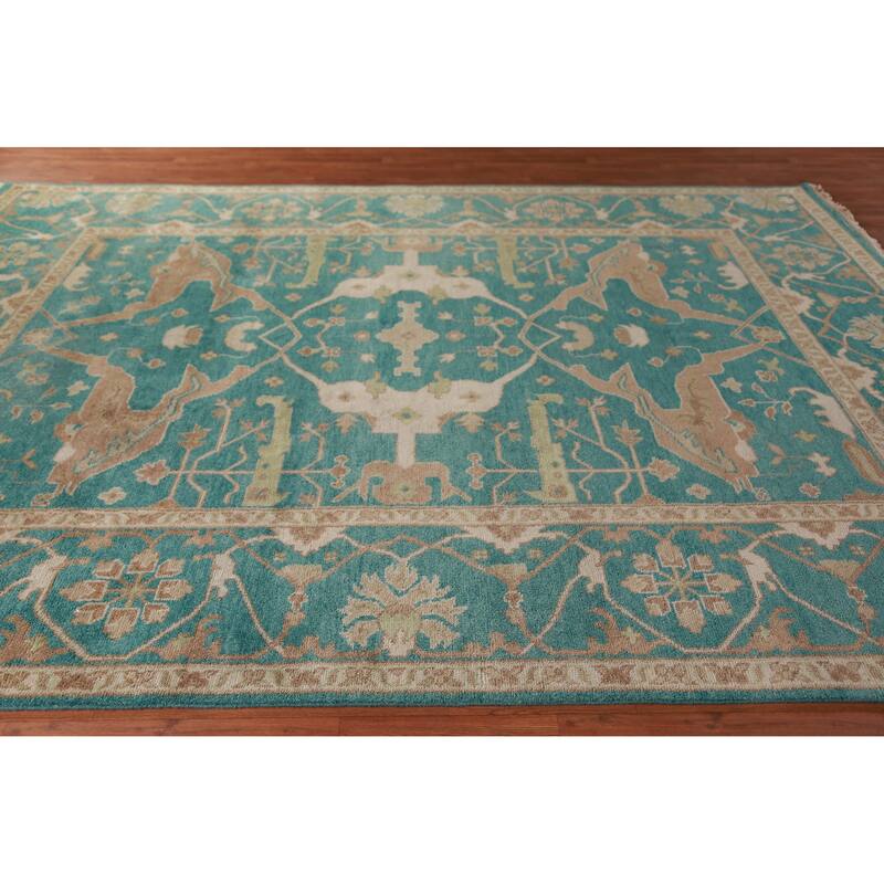 All-Over Green Oushak Indian Area Rug Floral Handmade Wool Carpet - 9'1" x 11'9"