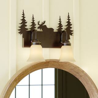 Yellowstone 2-Light 16.75 in. W Burnished Bronze Rustic Cabin Bathroom Vanity Lighting Fixture, Amber Glass Shade, Moose, Trees