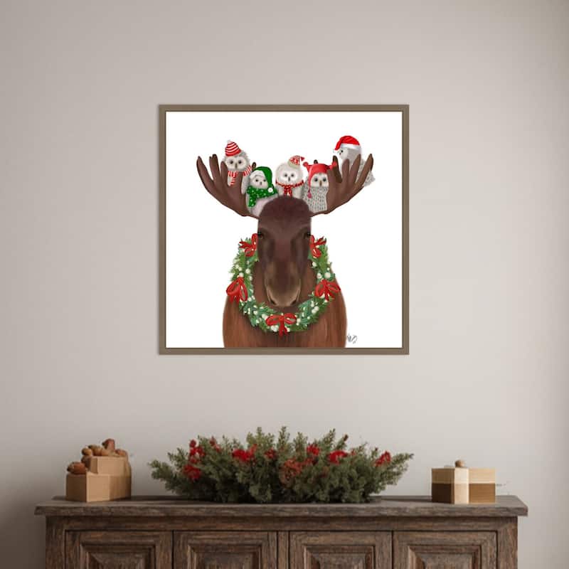 Christmas Moose and Christmas Owls Forward by Fab Funky (22 x 22 in.), Framed Canvas Wall Art Print - Sylvie Dark Gold