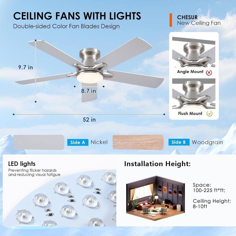 52 Inches Nickle Flush Mount Ceiling Fan with Light,3 Color Temperature LED,Reversible DC Motor - 52 Inches