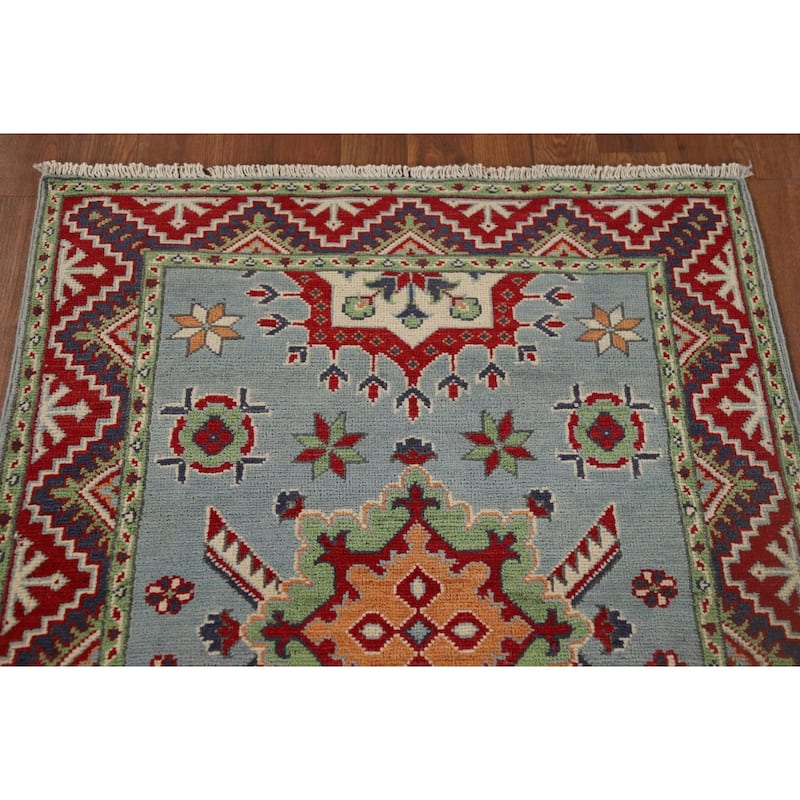 Light Blue Kazak Runner Rug Hand-Knotted Oriental Wool Carpet - 2'9" x 9'7"