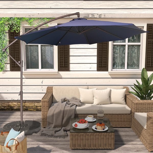 cantilever patio umbrella 10& 39 Mirador Novara 10'x10' Indigo Color Mushroom powered LED lights VOUA 10-ft Steel Beige Crank
