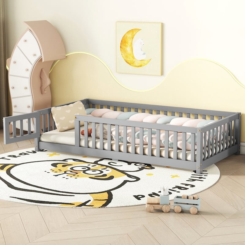 Floor Bed Frame with Safety Guardrails and Door for Kids