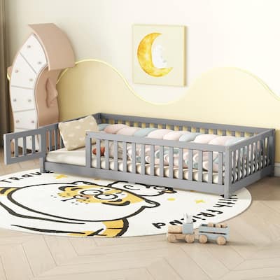 Floor Bed with Safety Guardrails and Door for Kids
