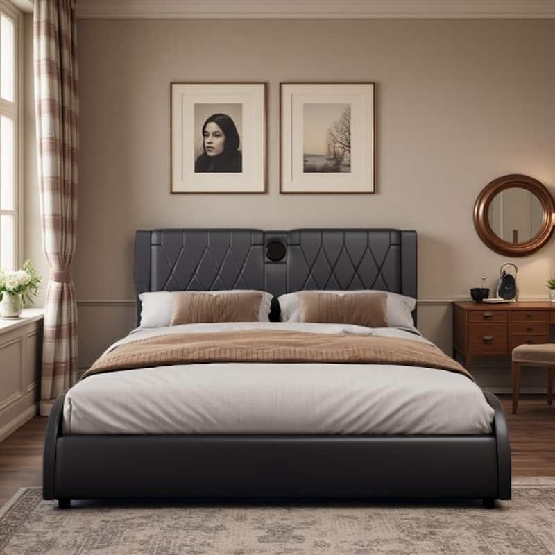 King Size Faux Leather Upholstered Platform Bed with RGB LED Lights, Bluetooth Speakers, Thickened Headboard