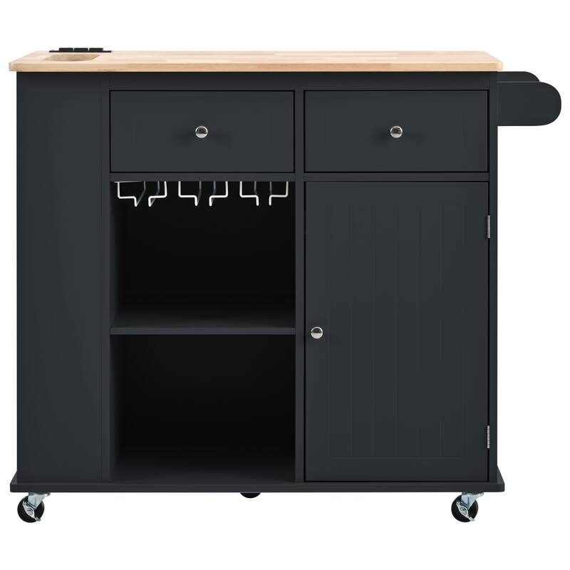 Removable Kitchen Island with Power Outlet, Black Wine Rack, Simple Storage Cabinet with Stemware Holder and 2 Drawers