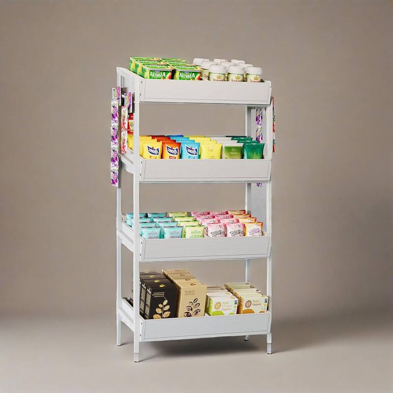 4 Tier Retail Display Rack Stand with Particleboard Shelves Metal Frame and Hooks for Store Kitchen or Office Organization - White