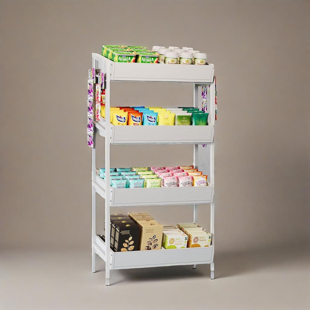 4 Tier Retail Display Rack Stand with Particleboard Shelves Metal Frame and Hooks for Store Kitchen or Office Organization