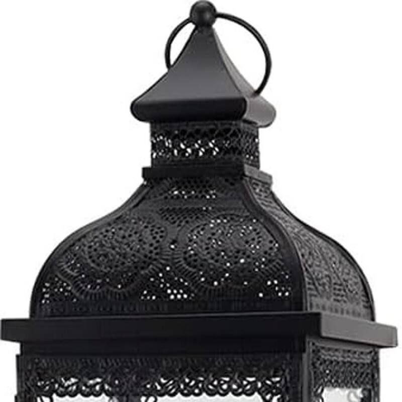 18" Clear And Black Glass And Metal Filigree Tabletop Lantern Candle Holder
