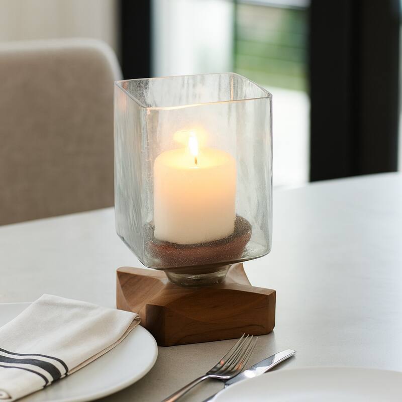 Decorative Wood and Glass Hurrican Pillar Candle Holder