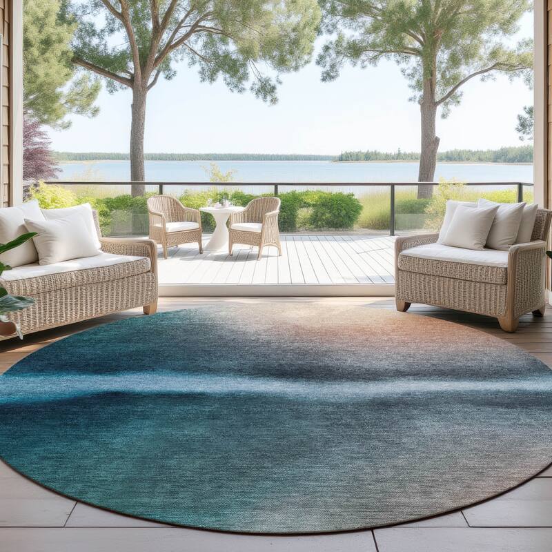 Machine Washable Indoor/ Outdoor Modern Landscape Chantille Rug - Teal - 8' x 8'