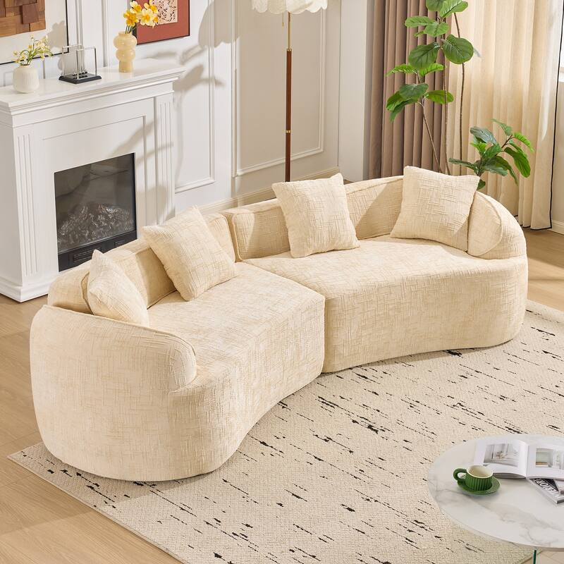 Curved Sectional Sofa with Pillows, Chenille Upholstered 4 Seater Sofa, Full-Compressed Deep Seat Sofa for Living Room