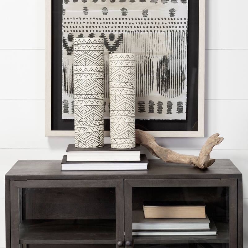 Uhura I Small Cream Black Patterned Cylindrical Vase