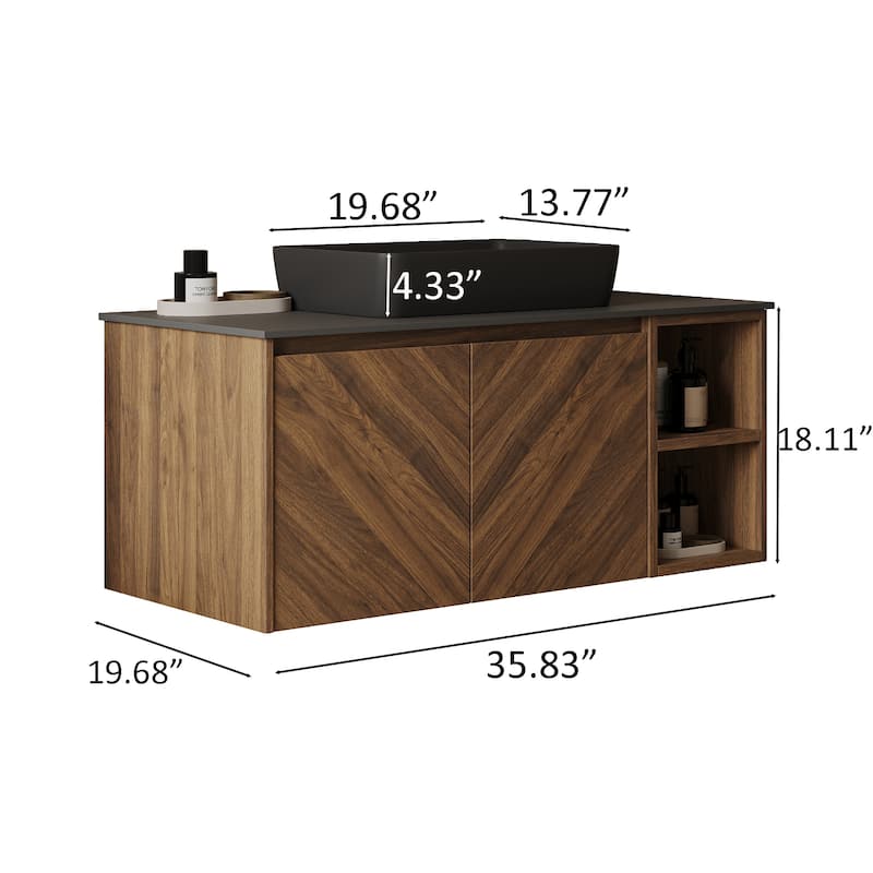 35.83'' Single Bathroom Vanity with Stone Top, Brown Wood, Black Vessel, Floading Vanities