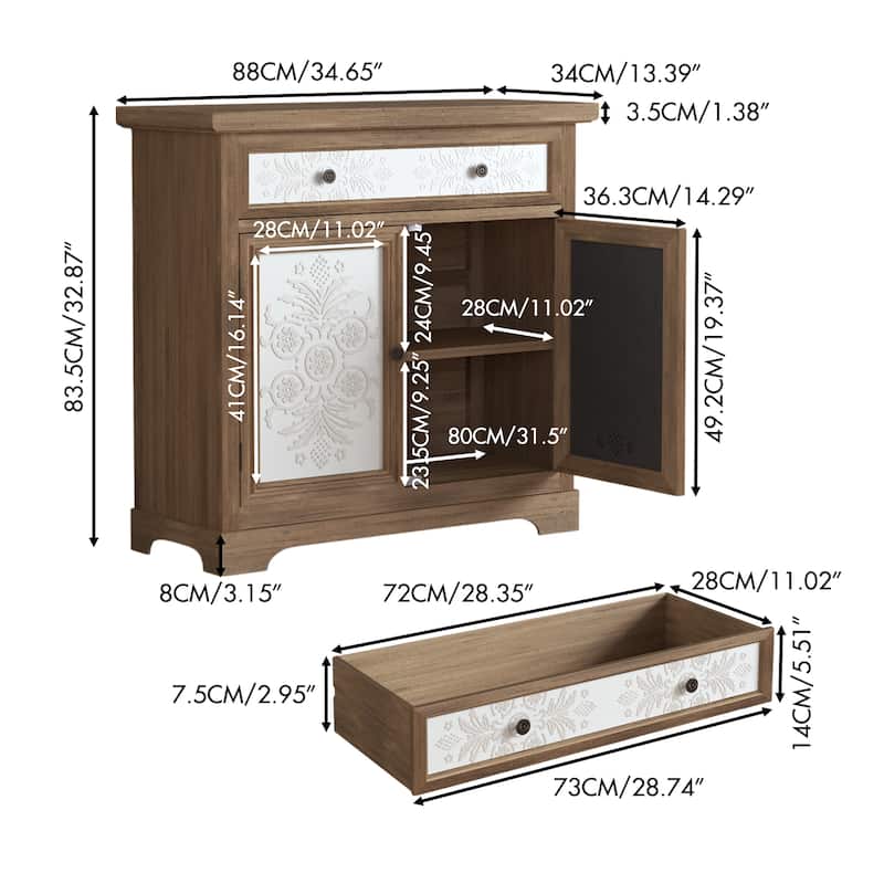 Rustic Vintage Accent Cabinet with Carved Floral Panels, Distressed Wood Sideboard with Drawer and Double Doors