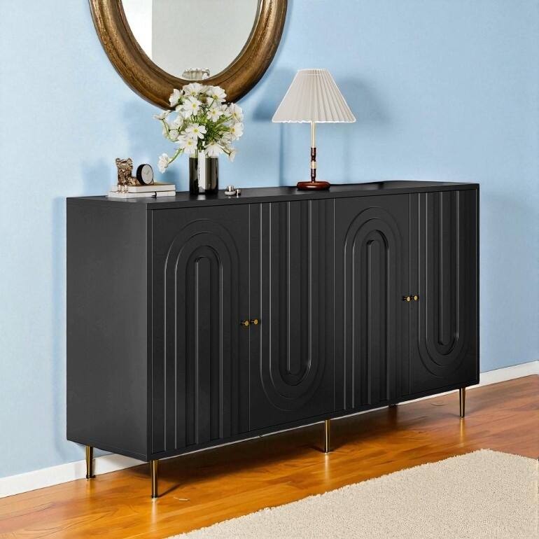Modern Lacquered 4-Door Sideboard Buffet Cabinet with Adjustable Shelves and Gold Metal Legs, MDF Storage Cabinet.