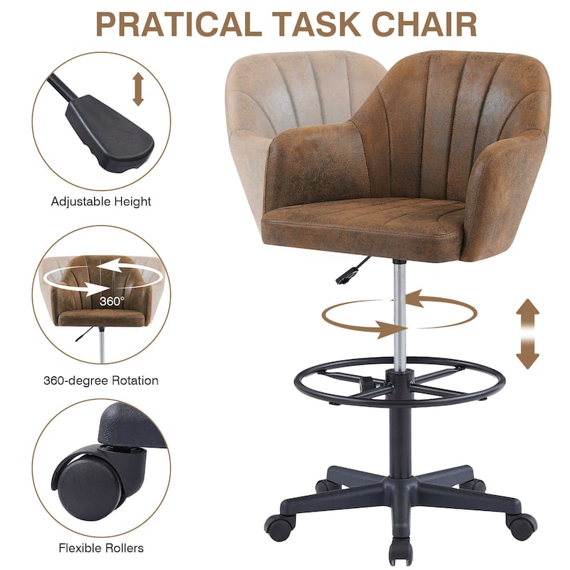 VECELO Brown PU Leather Adjustable Height Office Chair with Vertical Stripes 380lb Capacity 360° Swivel Office Chair