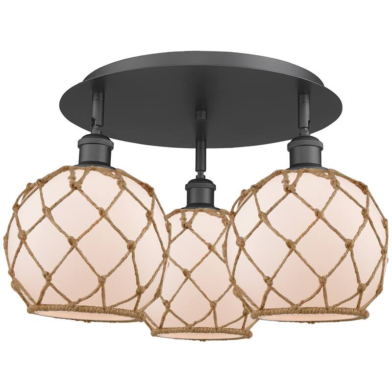 Innovations Lighting 516-3C-12-20 Farmhouse Rope Semi-Flush Farmhouse - Matte Black / White Glass with Brown Rope