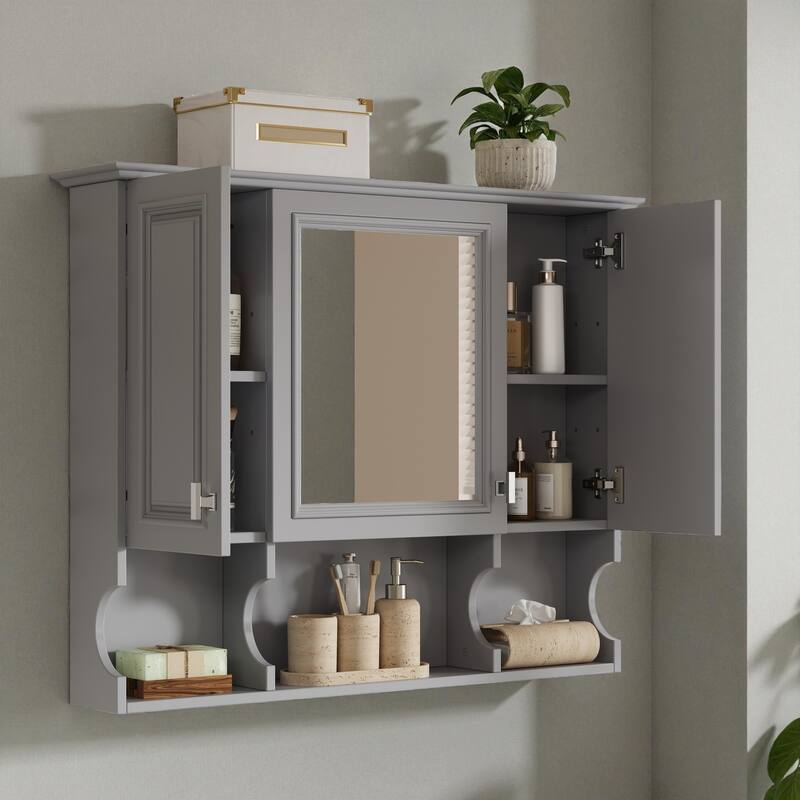35 Inch Bathroom Mirror Cabinet, Wall Mounted Medicine Cabinet with 3 Doors and Open Shelves, Modern Storage Organizer