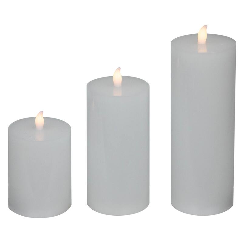 LED Solid Flameless Flickering Wax Pillar Candles - 8" - White - Set of 3