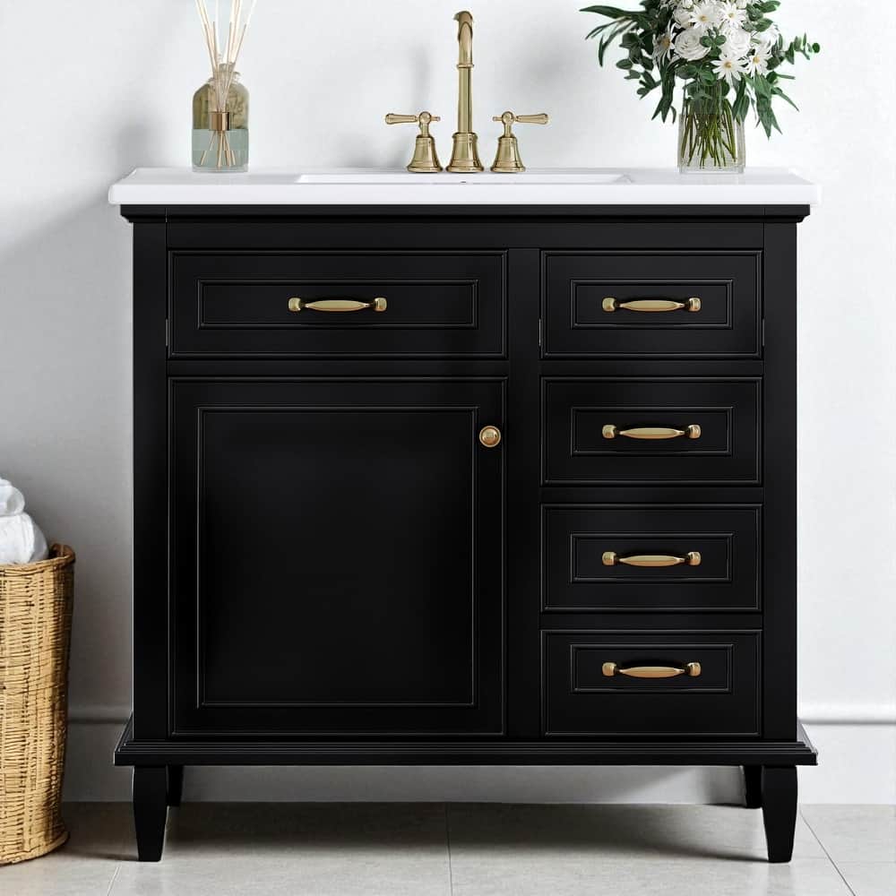 36" Bathroom Vanity with Ceramic Sink, Solid Wood Frame, 4 Drawers and Adjustable Shelf, Freestanding Cabinet