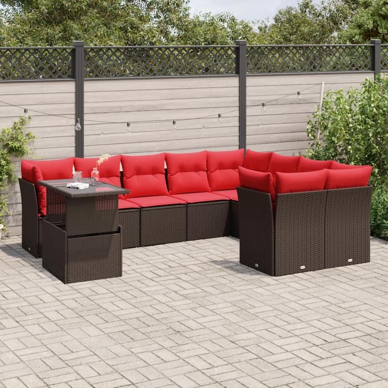 vidaXL Patio Sofa Set with Cushions and Table Outdoor 10 Piece Poly Rattan - 24.4 x 24.4 x 27.2