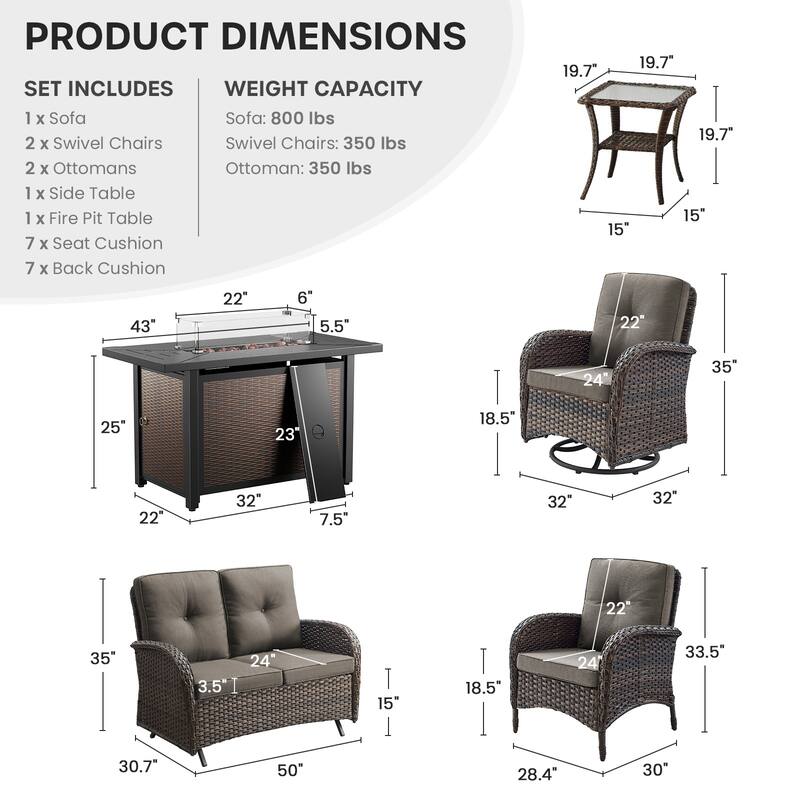 Gymojoy 7-Piece Patio Set with Glider Loveseat, Swivel Chairs & Fire Pit Table for Backyard, Garden