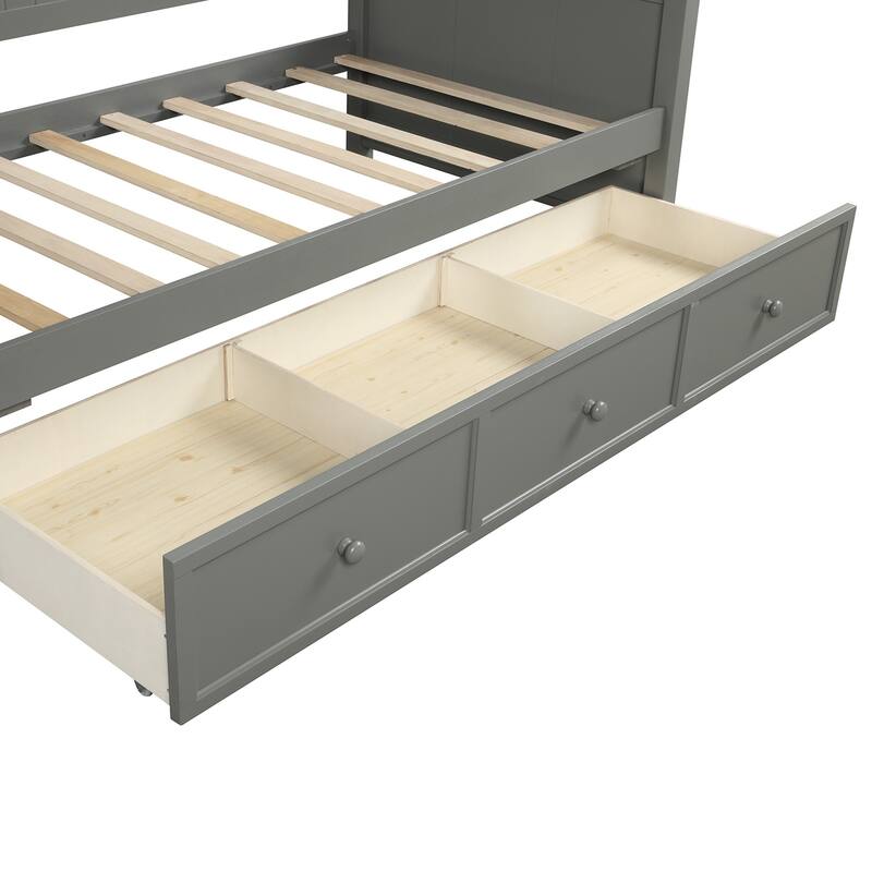 Grey Wood Twin Size Daybed with Three Drawers, No Box Spring Needed, Space-Saving Design