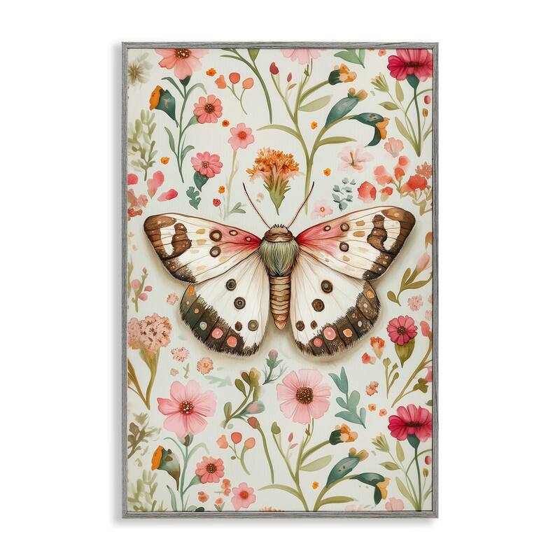 Stupell Botanical Butterfly on Florals Framed Giclee Art Design By The Dutch Lady - 12 x 18 - Grey
