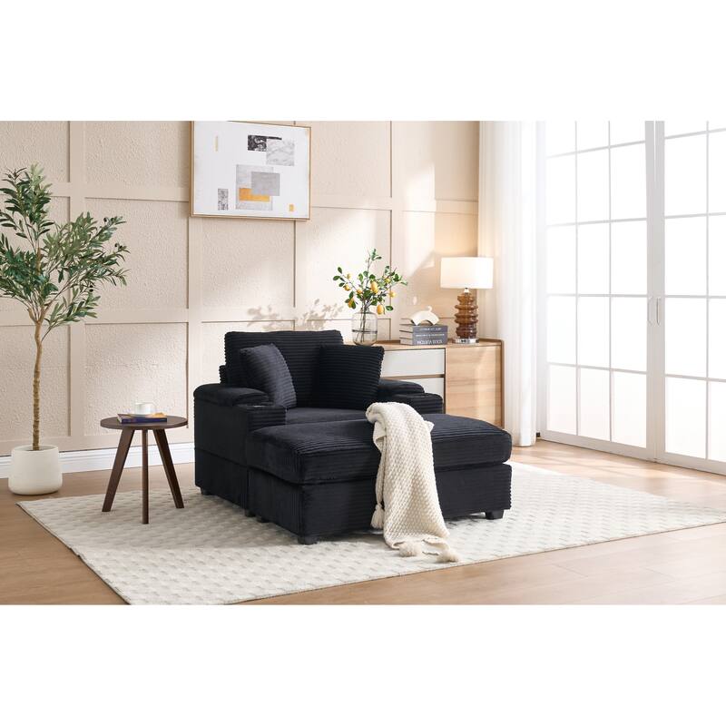 Corduroy Upholstered Chaise Lounge with Movable Ottoman, Living Room Storage Sofa Chair with Cup Holder, Detachable Cushions - Black