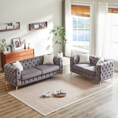 2+3 Seater Chesterfield Sofa Set, Velvet Loveseat & Deep Seat Lounge Couch with Tufted Design and Removable Cushions