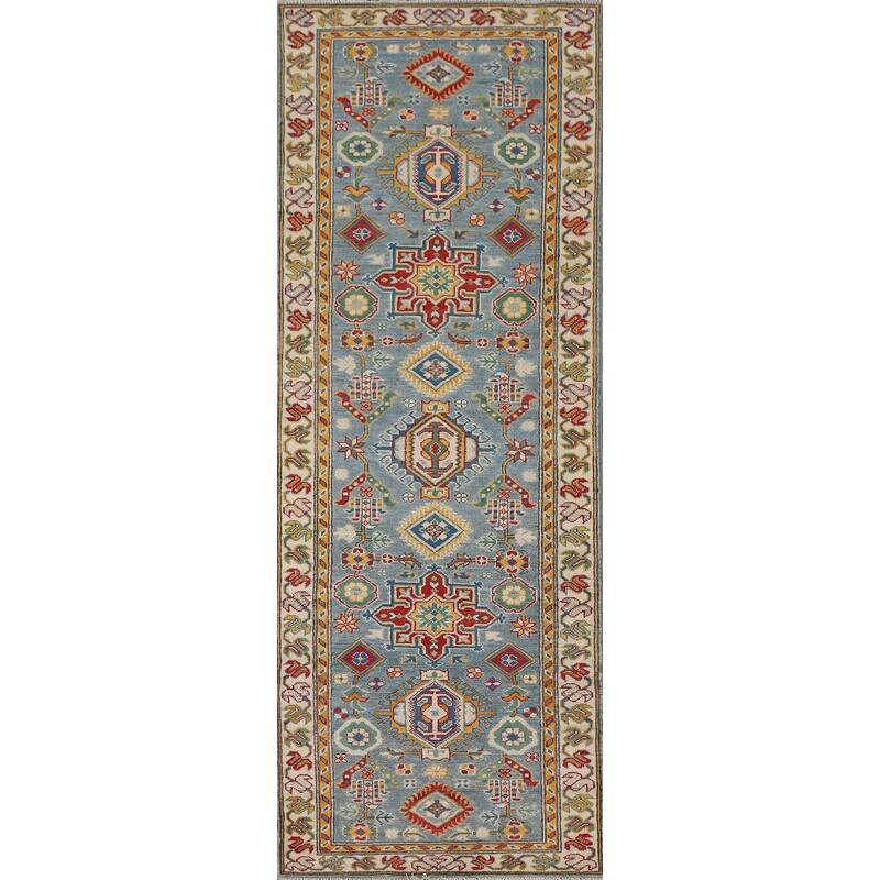 Light Blue Geometric Kazak Runner Rug Hand-Knotted Wool Carpet - 2'8" x 9'6"