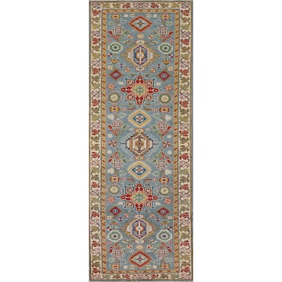 Light Blue Geometric Kazak Runner Rug Hand-Knotted Wool Carpet - 2'8" x 9'6"
