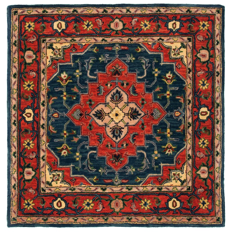 SAFAVIEH Handmade Heritage Facet Border Traditional Wool Rug - 6' Square - Blue/Red