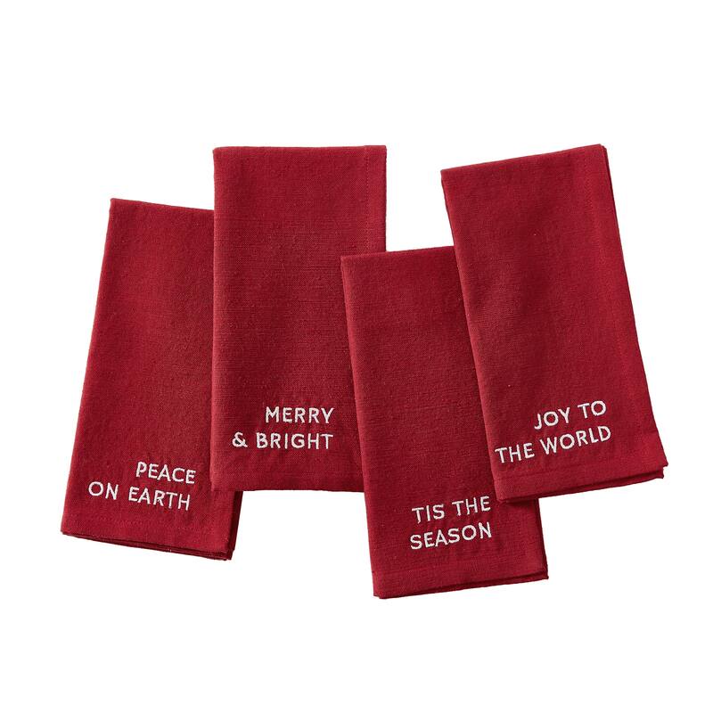 Joyful Sentiment Christmas/Holiday Embroidered Napkins, Set of 4 - 17x17