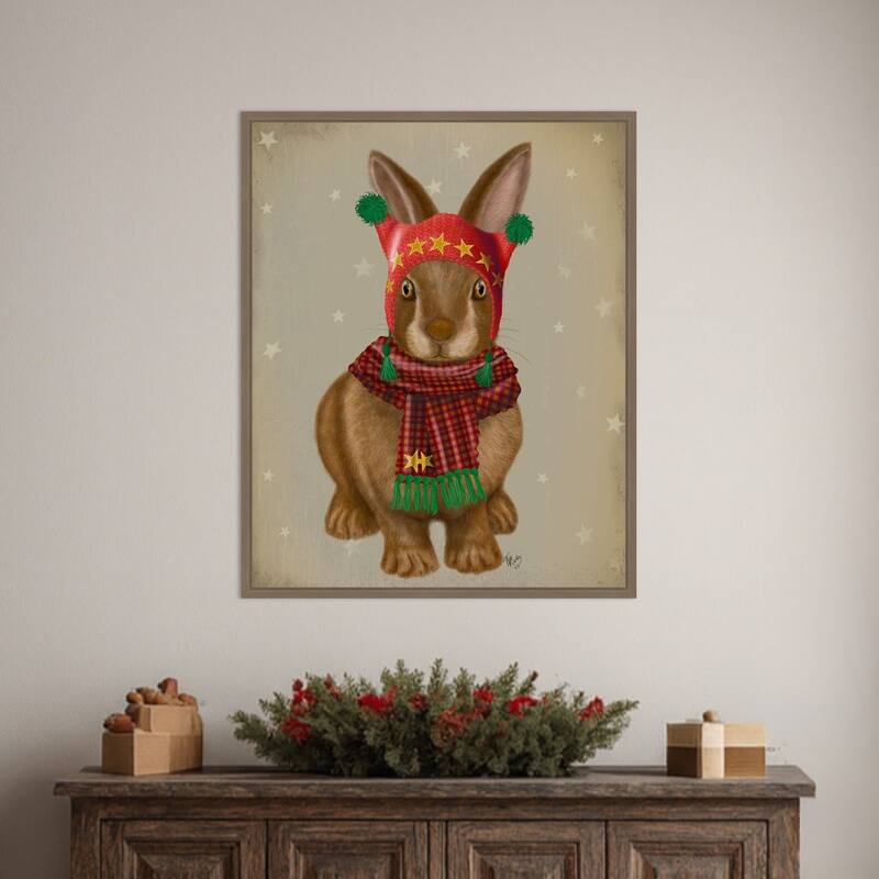 Bunny and Bobble Hat by Fab Funky (23 x 28 in.), Framed Canvas Wall Art Print - Sylvie Dark Gold