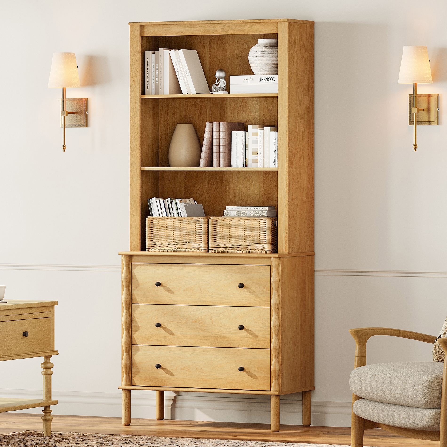 WAMPAT 3-Tier Open Bookshelf with Storage Drawers and Solid Wood Legs