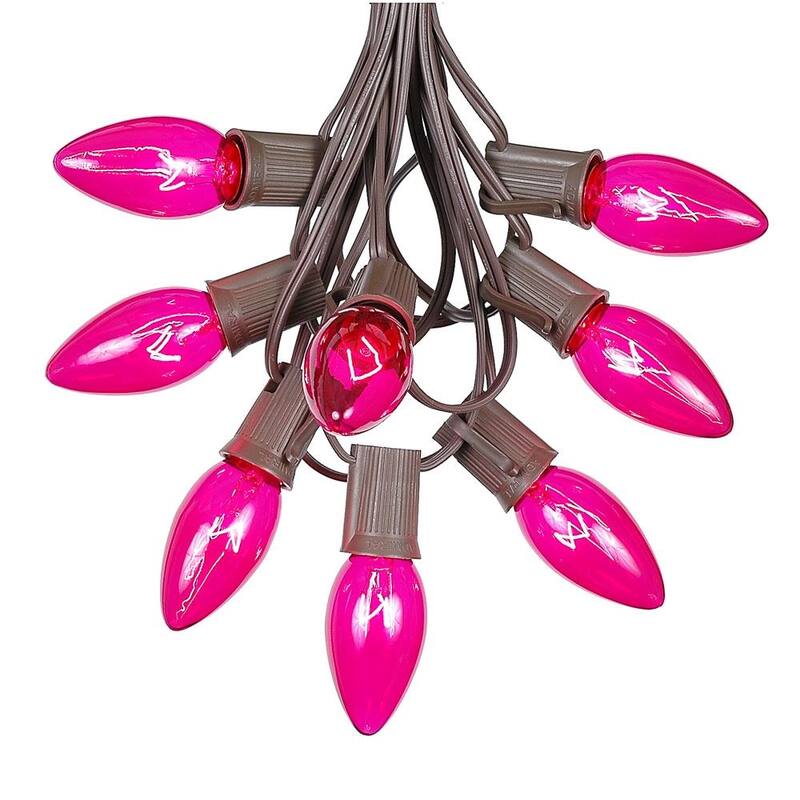 25 Foot C9 Christmas Light Set, Hanging Patio String Lights, Brown Wire - Pink