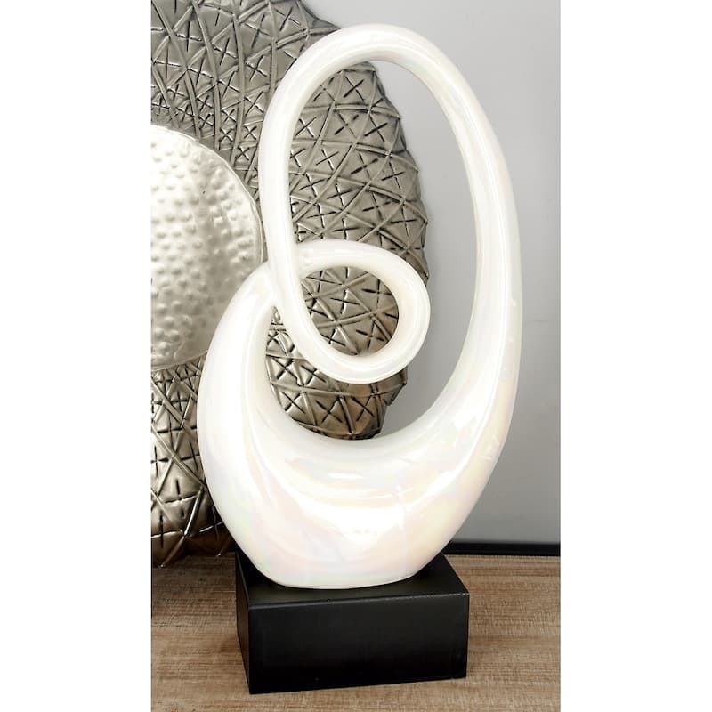 Sleek Ceramic Swirl Abstract Sculpture with Black Wooden Base - Silver or White