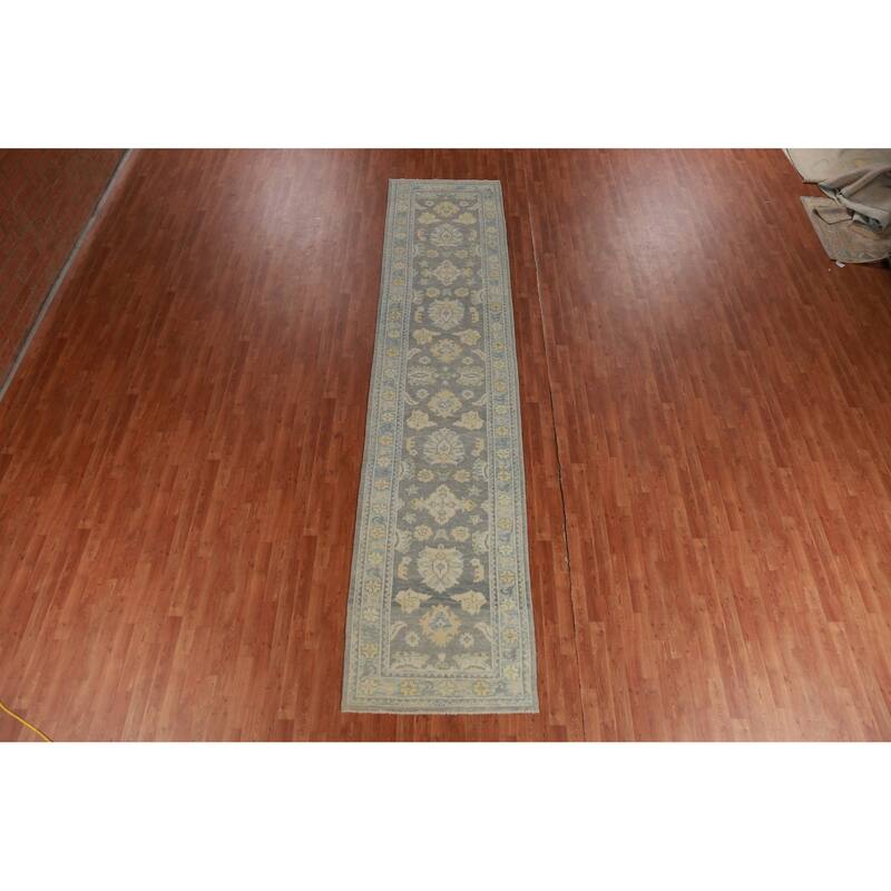 Hand Knotted Oriental 100% Wool Carpet Transitional Floral Greys & Charcoal Oushak Runner Rug - 14' 7'' X 3' 4''