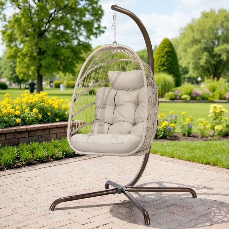 Oversized Wicker Hanging Egg Chair with Stand, Outdoor Indoor Swing Chair with Cushion, 350 lb Capacity - Beige