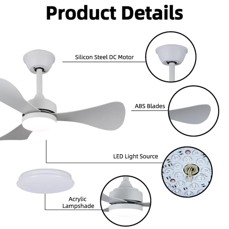 28 in. Modern Downrod Mount Ceiling Fan with 3-Color Light, 3 ABS Blades, Reversible DC Motor