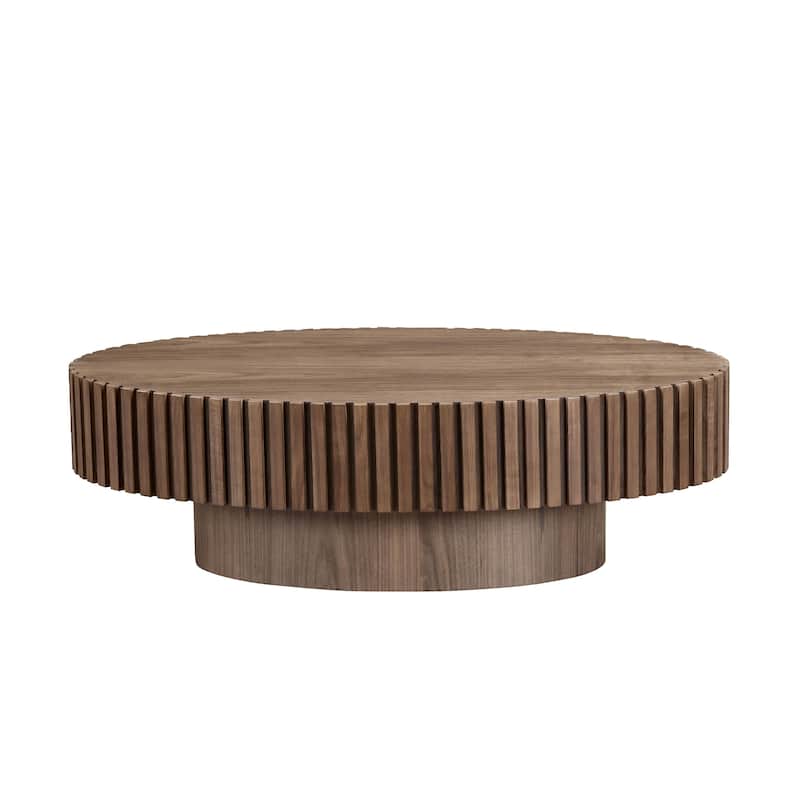 Oval Compact Low Coffee Table Handcraft Drum Small Center Table with Side Fluted Design and Wood Grain for Living Room Office