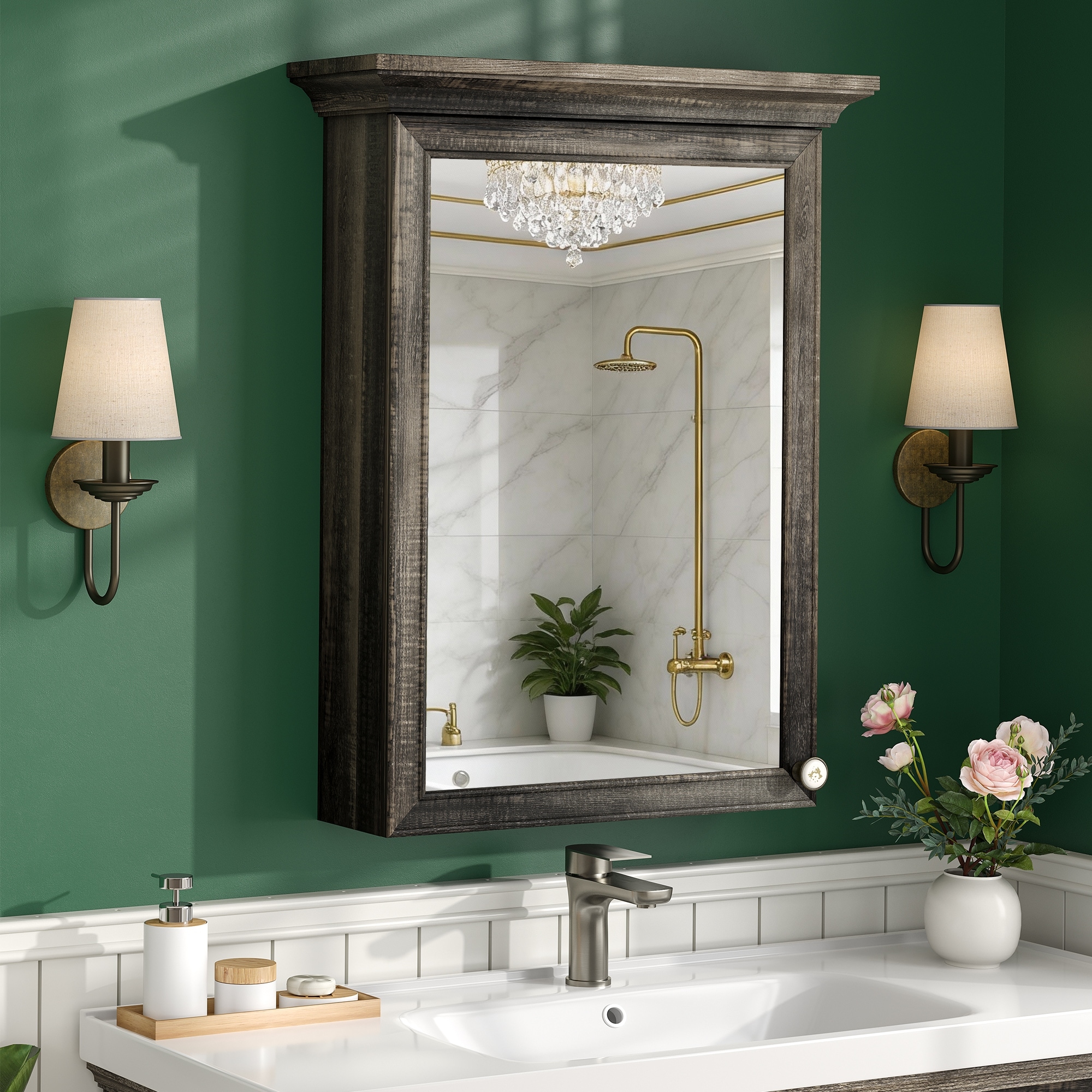 35.4" H Farmhouse Medicine Cabinet with Mirror, Adjustable Shelves & Soft-Close Hinge