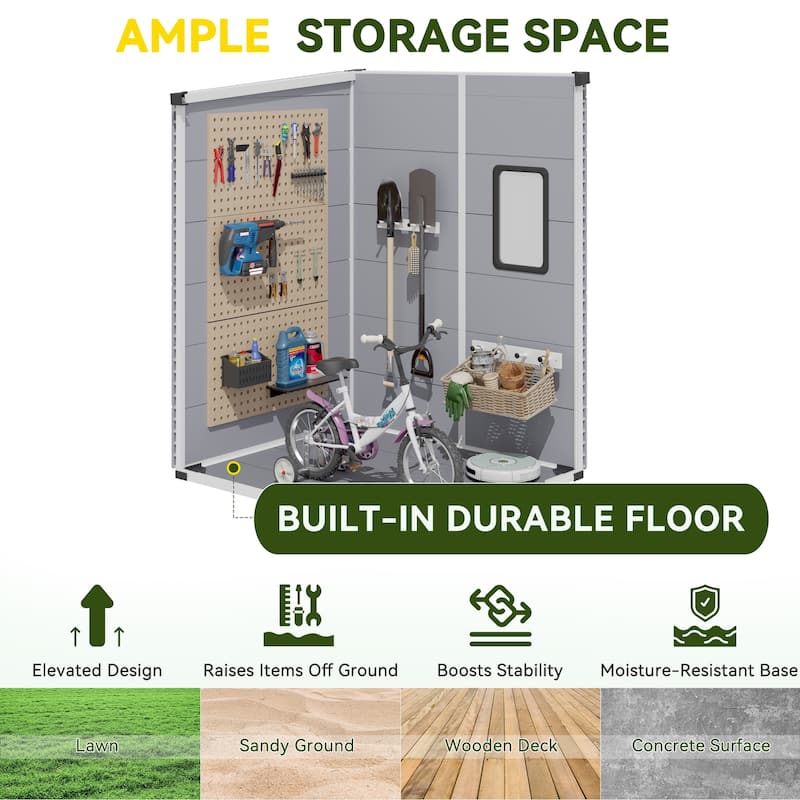 Erommy Outdoor Storage Shed with Built-In Floor, Lockable Double Doors & Sloped Roof