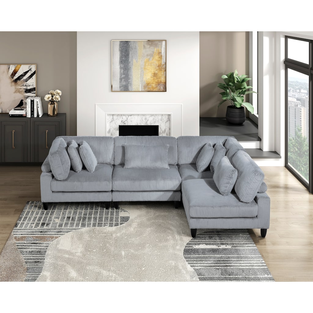 4-Piece Gray Corduroy Modular Sectional Sofa Set with Wood Legs & Frame, 6 Pillows Included