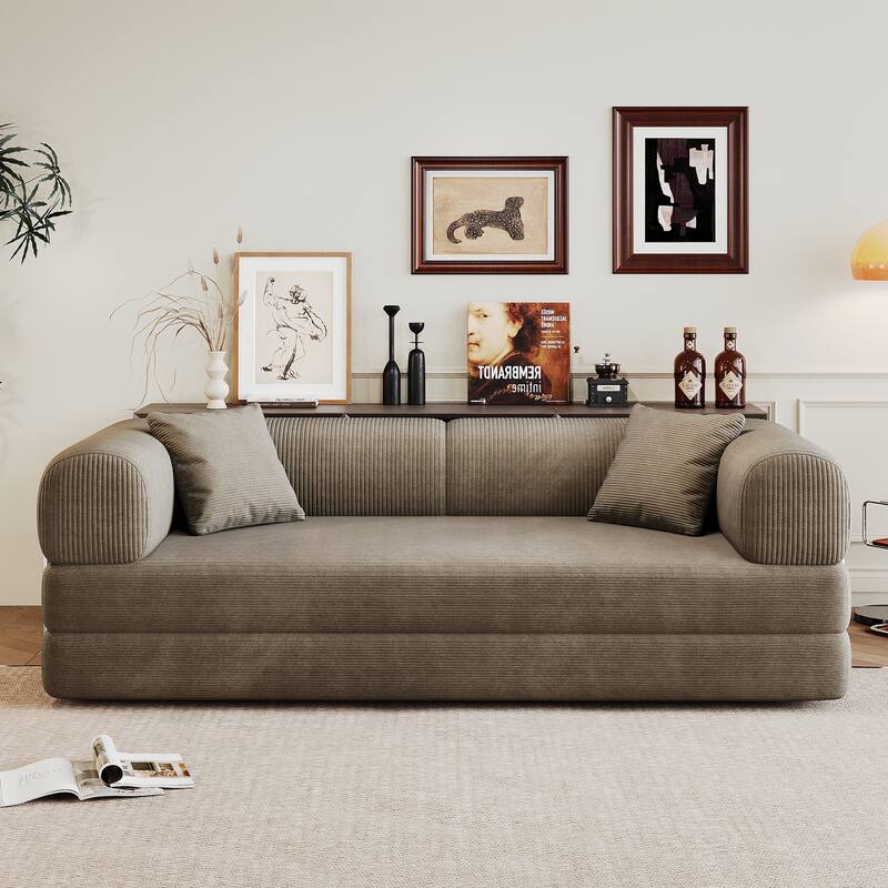 78.8" Convertible Floor Sofa Bed, Corduroy Folding Mattress Sofa Couch for Small Spaces ,No Assembly - Camel
