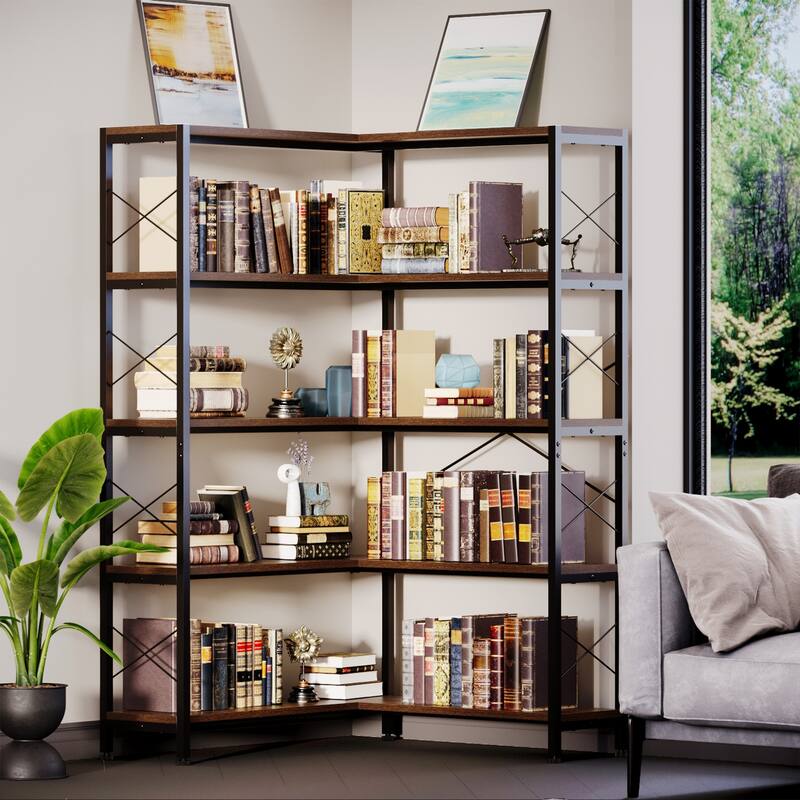 Large Size 5/6-Shelf Corner Bookshelf, Vintage Industrial Corner Bookshelf Etagere Bookcase