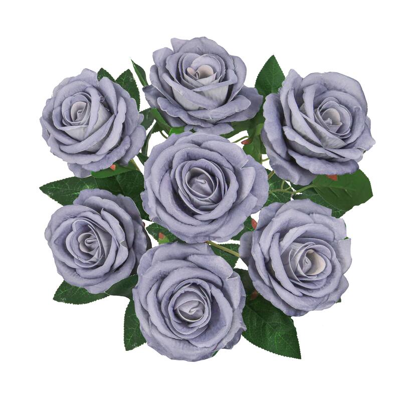 Set of 2 Grey Blue Artificial Velvet Rose Flower Stem Bush Bouquet 16in - 16" L x 11" W x 11" DP