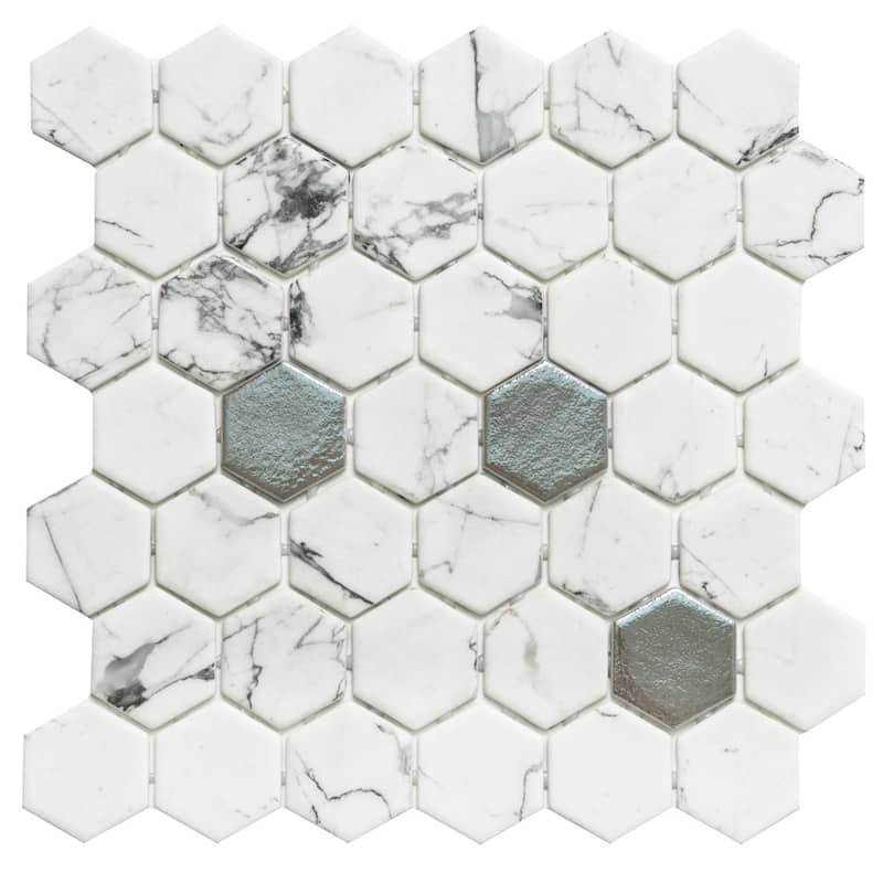 Eterna Hex 2x2 Glass Hexagon Mosaic Tile - Floor, Wall, Backsplash - 4 x 4 Sample - Fosco Argent